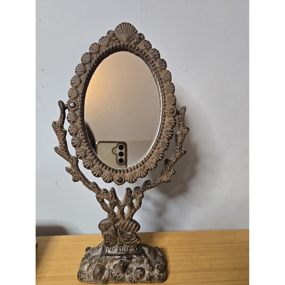 Vintage Cast Metal 13" Tiltling Mirror. Victorian Style With Seashell Details.